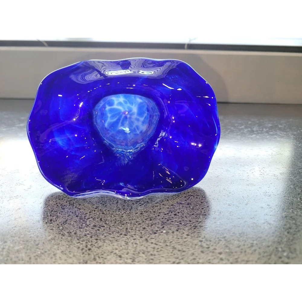Signed Studio Art Glass Cobalt Blue Trumpet Vase White Splatter 9in